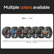 Promotional graphic stating 'Multiple colors available' with a row of smartwatches showing different strap color options, including black steel strip, black mesh belt, black nylon strap, 