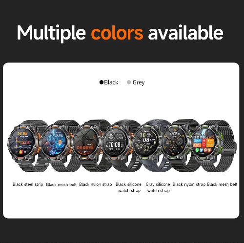 Promotional graphic stating 'Multiple colors available' with a row of smartwatches showing different strap color options, including black steel strip, black mesh belt, black nylon strap, 