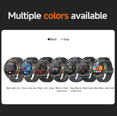 Promotional graphic stating 'Multiple colors available' with a row of smartwatches showing different strap color options, including black steel strip, black mesh belt, black nylon strap, 