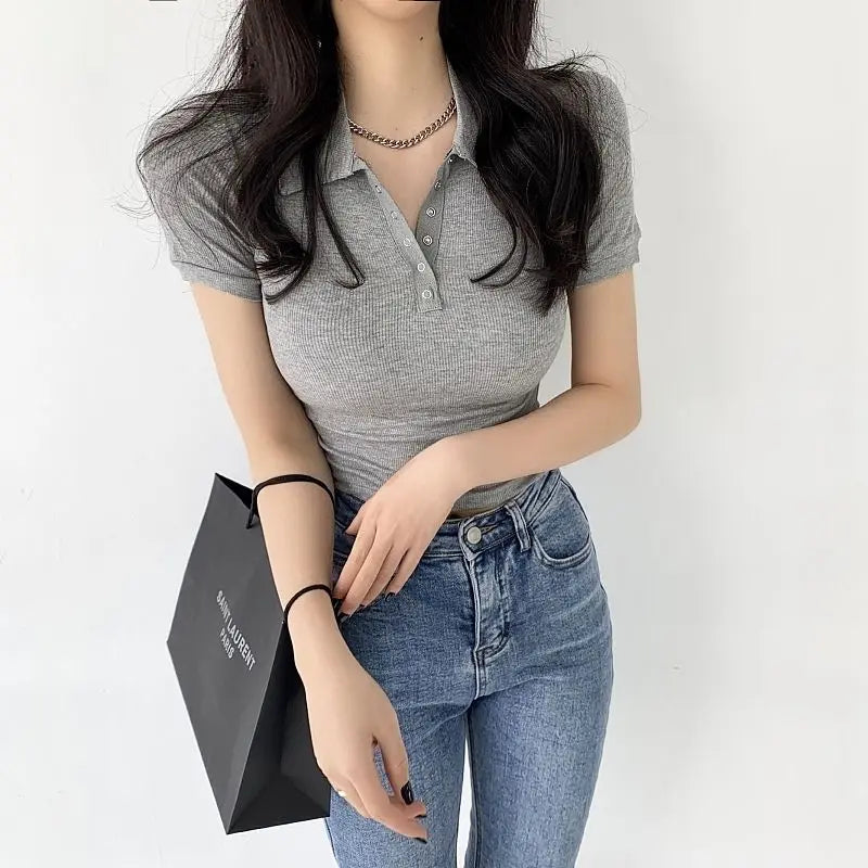 Polo Neck Shirt for Women Sexy Woman T Coquette Clothes Plain 100℅ Cotton Button Slim Korean Style with Collar Pretty Cheap Tops