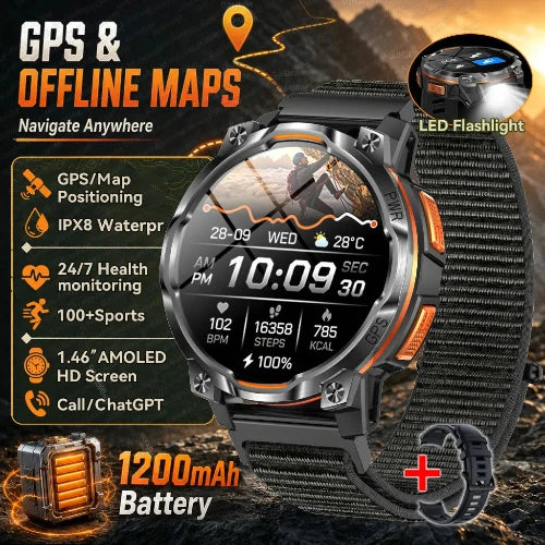 A rugged smartwatch with a black and orange design, featuring a textured black strap, shown with promotional text highlighting GPS, offline maps, IPX8 water resistance, health monitoring, 