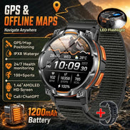 A rugged smartwatch with a black and orange design, featuring a textured black strap, shown with promotional text highlighting GPS, offline maps, IPX8 water resistance, health monitoring, 
