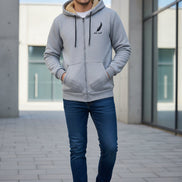 Gray hoodie with a zipper and sherpa lining on a black background