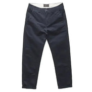 A pair of dark navy blue chino pants shown flat against a solid white background.