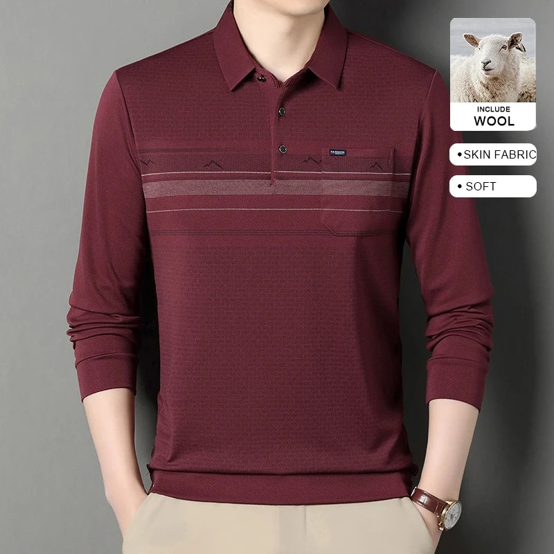 Luxury Wool Blend Fabric Men's Long Sleeve Polo  Classic