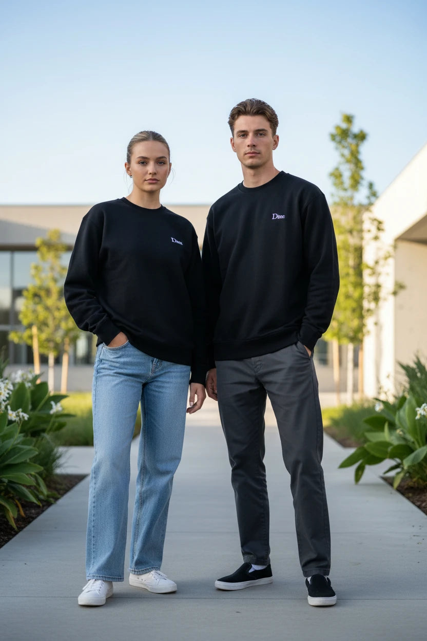 A black crewneck sweatshirt with the word 'Dime.' printed in white serif font on the left chest, displayed against a solid white background.