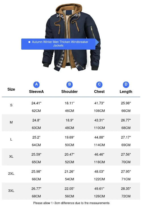 Men's thickened windbreaker jacket with size chart on a white background