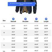 Men's thickened windbreaker jacket with size chart on a white background