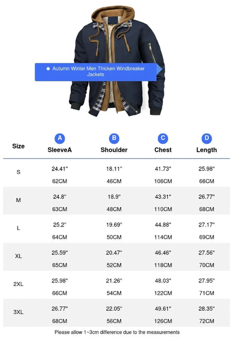 Men's thickened windbreaker jacket with size chart on a white background