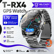 A silver and black T-RX4 GPS smartwatch with a metallic link band, shown on a white background