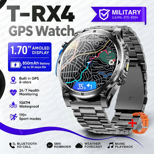 A silver and black T-RX4 GPS smartwatch with a metallic link band, shown on a white background 