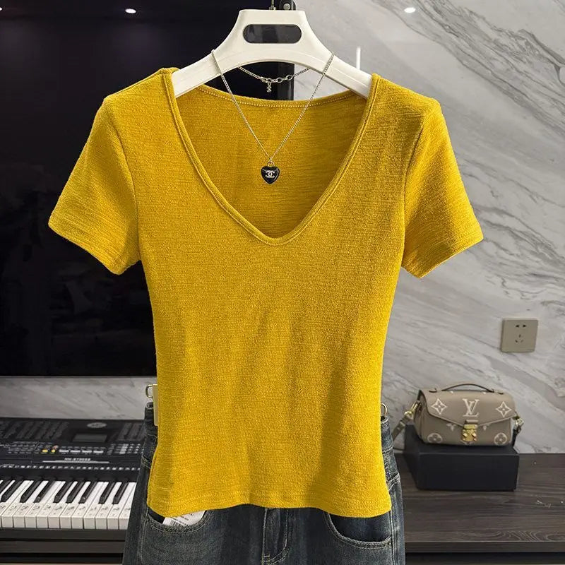 Short Sleeve Simplicity Solid Street Casual T Shirts New Women Clothing V Neck All-match Fashion Tops Lazy Style Trend Summer