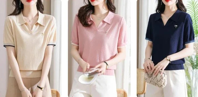 Female Tee Baggy Plain Knitted Cute T-shirts Kawaii Women's Polo Pulovers Offer Comfortable Summer 2025 with Collar New On