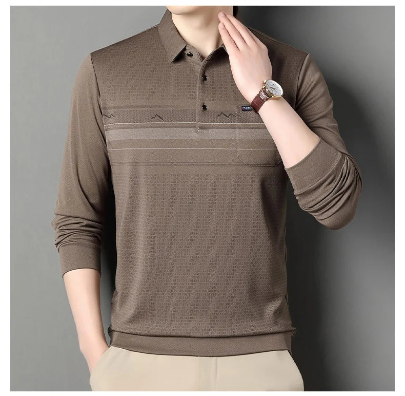 Luxury Wool Blend Fabric Men's Long Sleeve Polo  Classic