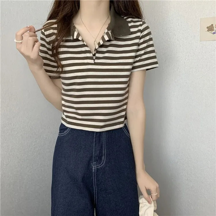 Chic V Neck Short Length Striped Short Sleeve Polo T Shirt For Women Summer 2026 New Niche Top