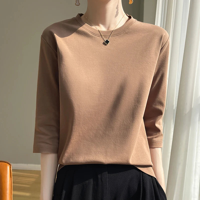 Summer Cotton Short-Sleeved T-Shirt Women's Round Neck Seven-Point Sleeves Loose Mercerized Cotton Half-Sleeve Shirt New T-shirt