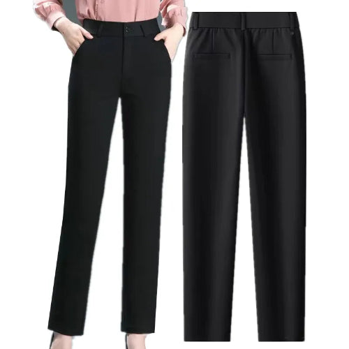 Black women's straight-leg trousers shown from both the front and back views. The front view features a cropped model wearing the pants, paired with a pink blouse, 