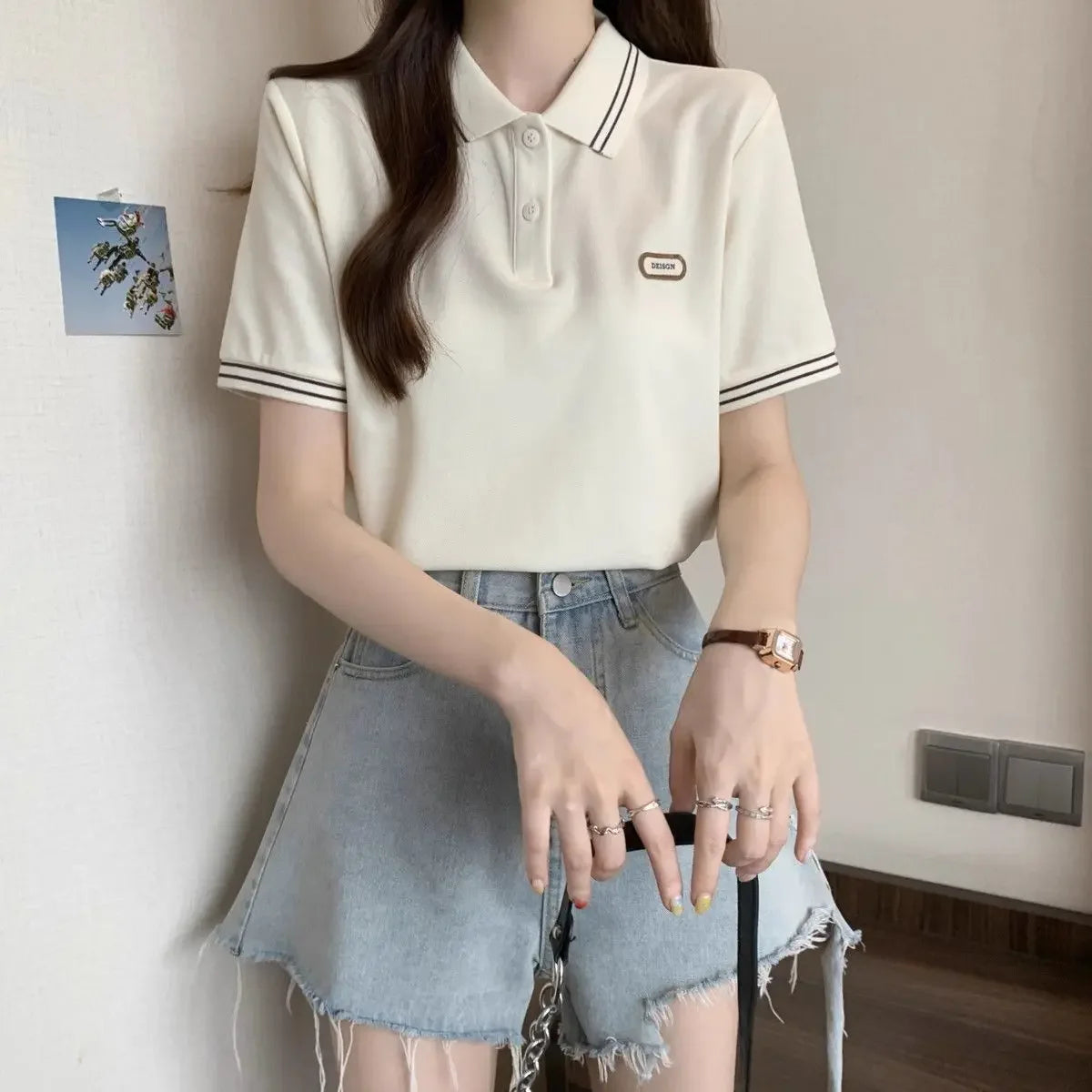 Baggy Female Tee Women's Polo Short Sleeve T-shirt Korean Clothing Youthful Elegant in Trend 2025 Sales Youth Aesthetic T-shirts