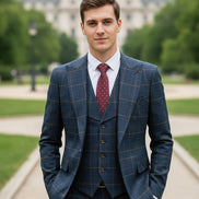 Blue checkered suit with red tie on a mannequin against a brown curtain background