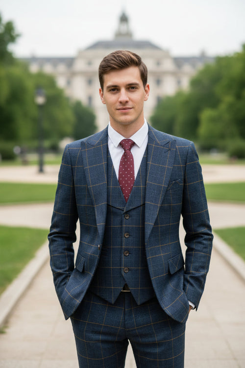 Blue checkered suit with red tie on a mannequin against a brown curtain background