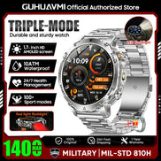 Smartwatch with features highlighted on a promotional graphic, including water resistance and health monitoring.