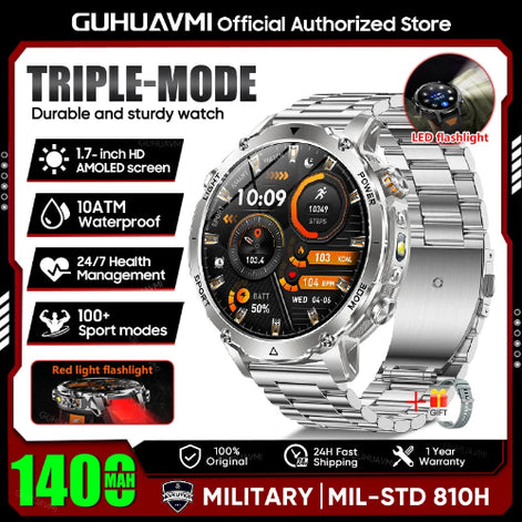 Smartwatch with features highlighted on a promotional graphic, including water resistance and health monitoring.