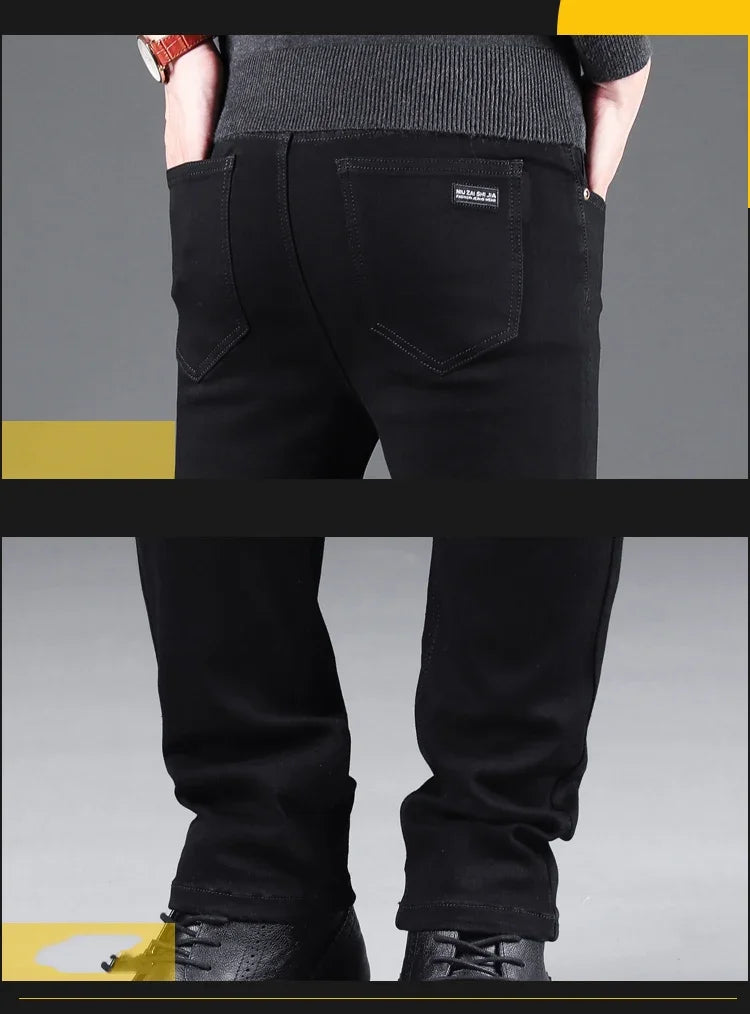 New Men's Pure Black Slim Jeans Elastic Straight Pants Business