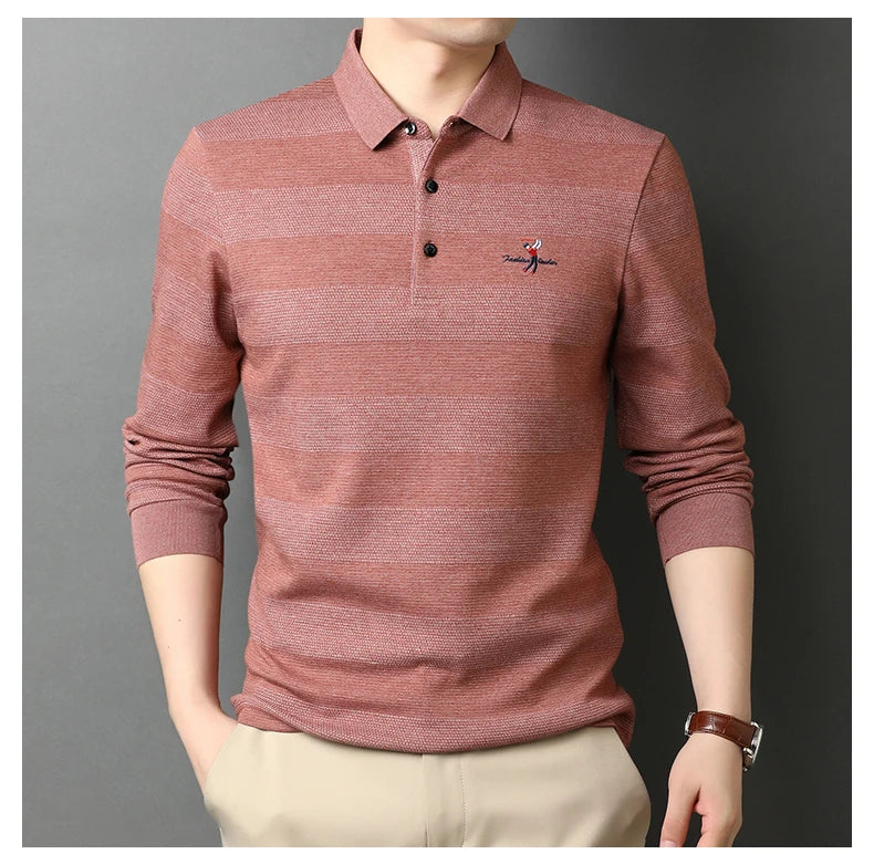 2025 High End New Fashion Brand Striped Designer Embroidery Casual Turn Down Collar Long Sleeve Polo Shirts Men Tops Men Clothes