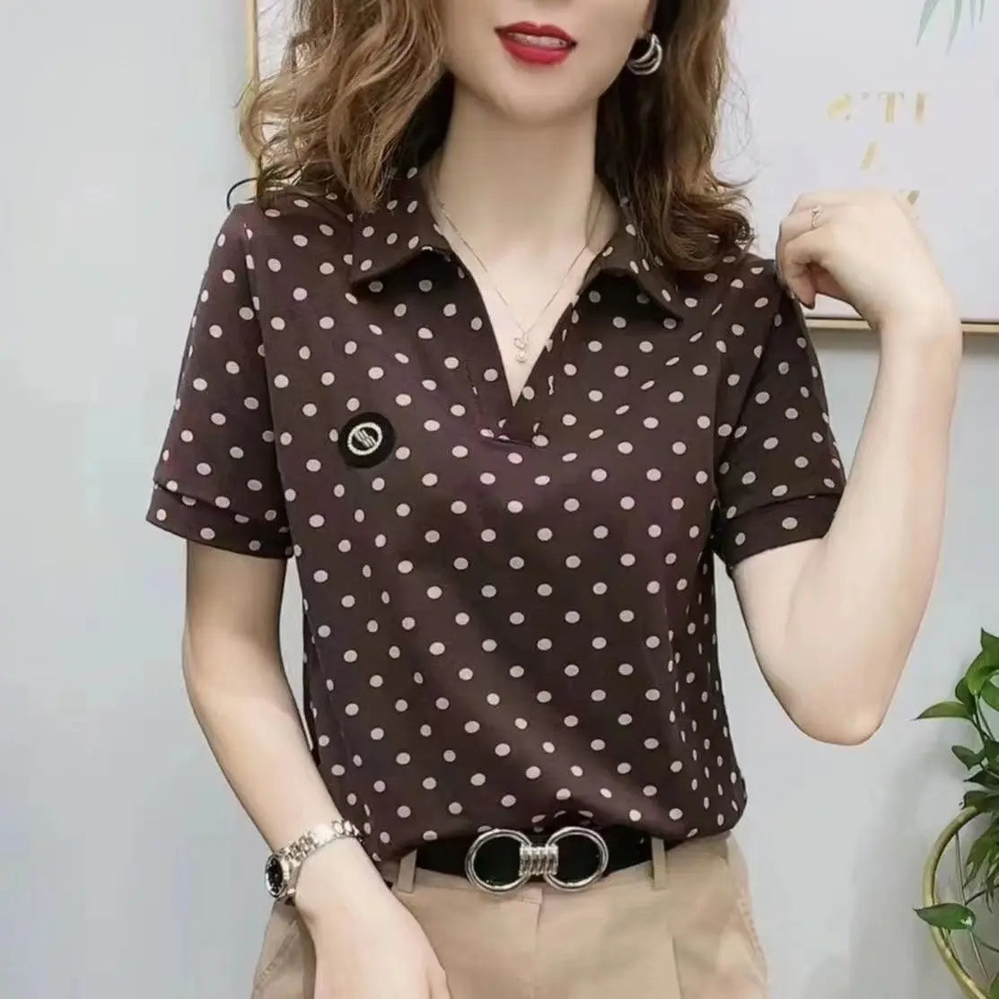 Women's T-shirt Short Sleeve Summer Letter Turn-down Collar Pullover Solid Polka Dot Embroidery Polo Casual Plus Size Tops
