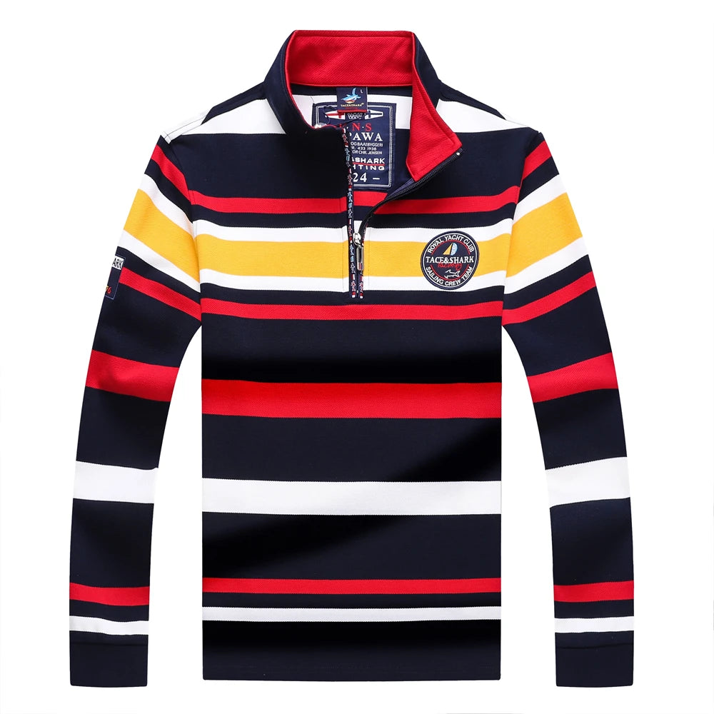 TACE&SHARK Brand Men‘s Casual Long Sleeve Striped Polo Shirt Cotton Blend Knitted Top Fashion Business Embroidery