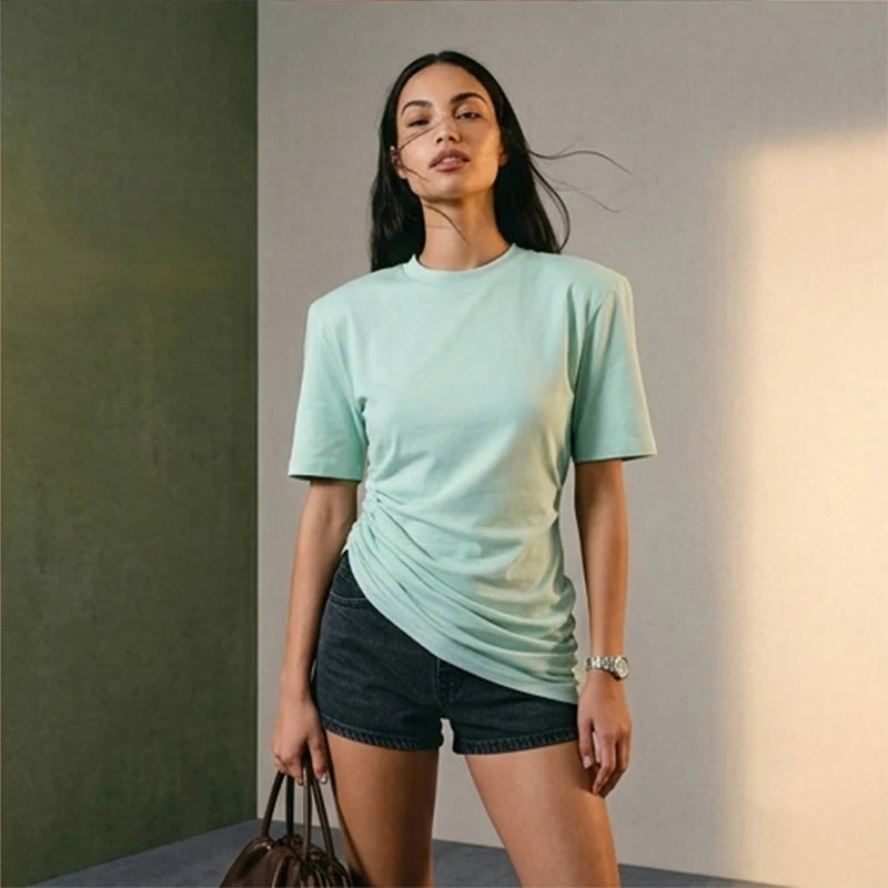 Versatile Regular-shoulder T-shirts Women Casual White Round Neck Irregular Hem Pleated Short Top Summer Lady Street Wear New