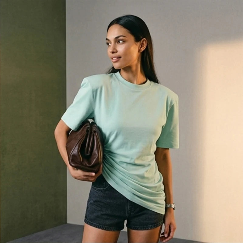 Versatile Regular-shoulder T-shirts Women Casual White Round Neck Irregular Hem Pleated Short Top Summer Lady Street Wear New