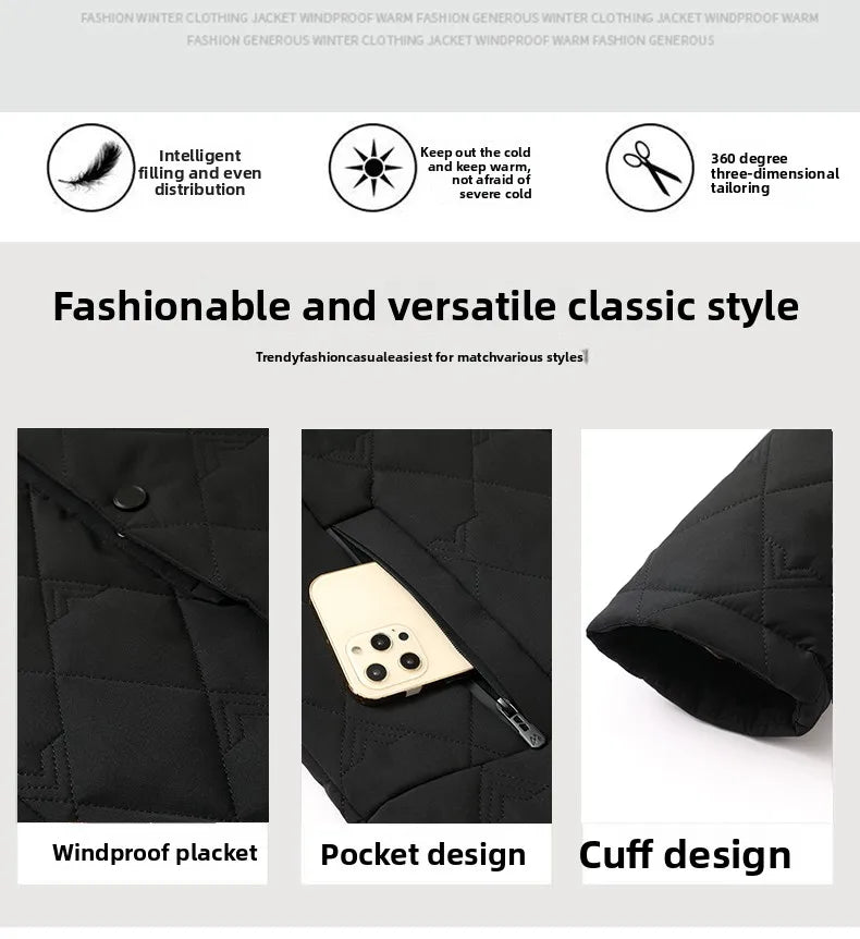 Top Grade Men Parka Jacket Windbreaker Coats Diamond Quilted Bubble Coat Middle-aged Winter Warmth Turn-Down Collar Coat