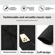 A product feature infographic for a black quilted jacket, showing three main panels with close-ups of the windproof placket, a zippered pocket with a phone inserted, and the cuff design. Above the panels, three icons highlight key features: intelligent filling and even distribution, keeping out the cold, and 360-degree three-dimensional tailoring.