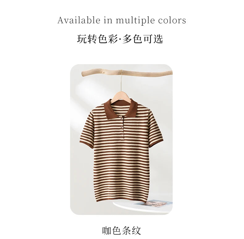 WinvyNee Summer T-shirts Women 100% Cotton Striped Tops Women Clother Polo Short Sleeve Buttons Casual Basic Pullover ZA1102004