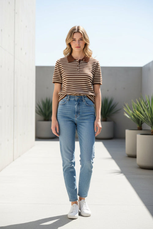 A brown and beige horizontally striped short-sleeve polo shirt with a solid brown collar,
