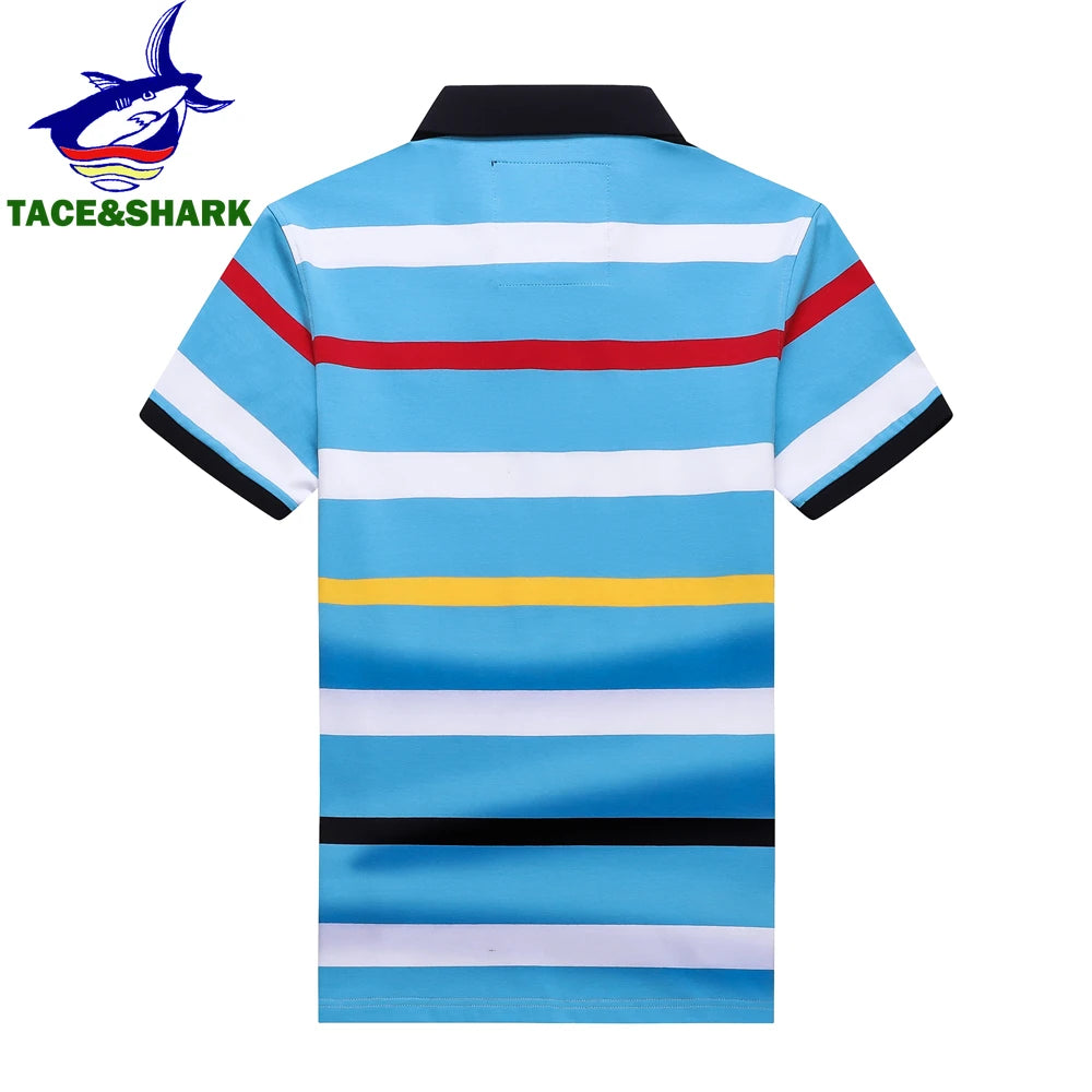 A short-sleeve polo shirt with horizontal stripes in light blue, white, red, yellow, and black, featuring a black collar. The brand logo 'TACE&SHARK' is visible in the top-left corner on a plain white background.