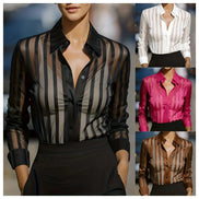 Colorway collage showing the sheer striped shirt in black, white, pink, and brown.