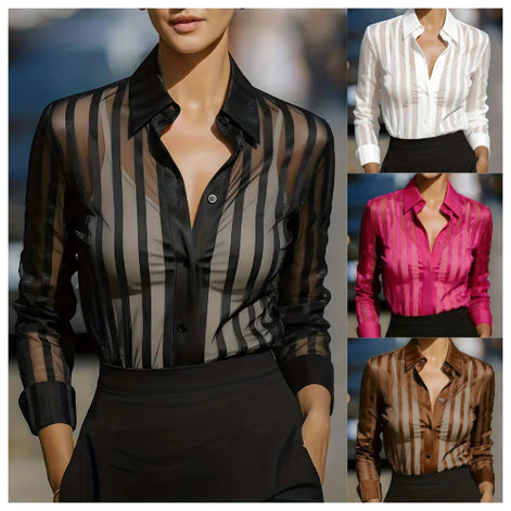 Colorway collage showing the sheer striped shirt in black, white, pink, and brown.