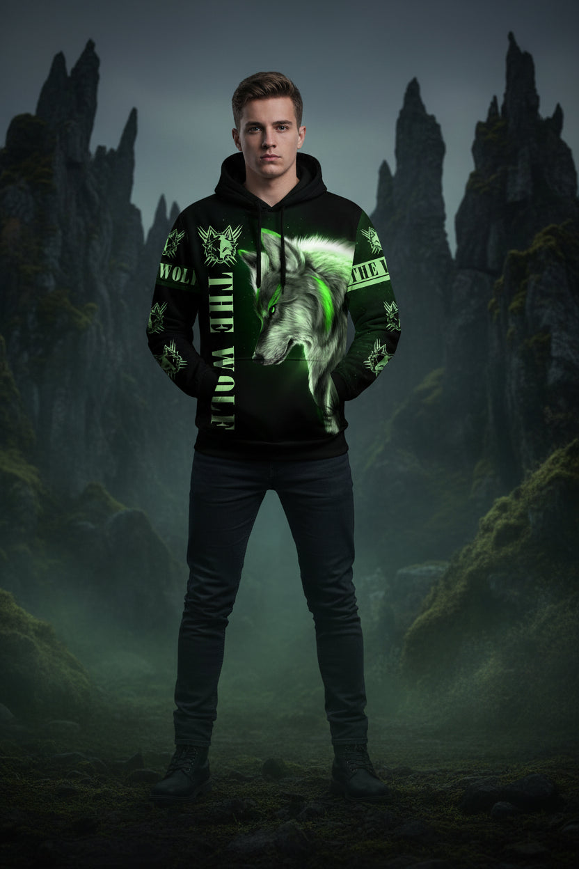 Black hoodie with a wolf design and green text on a white background