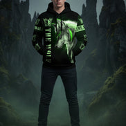 Black hoodie with a wolf design and green text on a white background