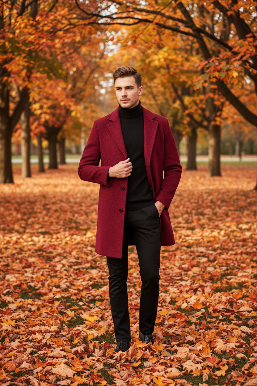 Red coat worn by a person on a white background