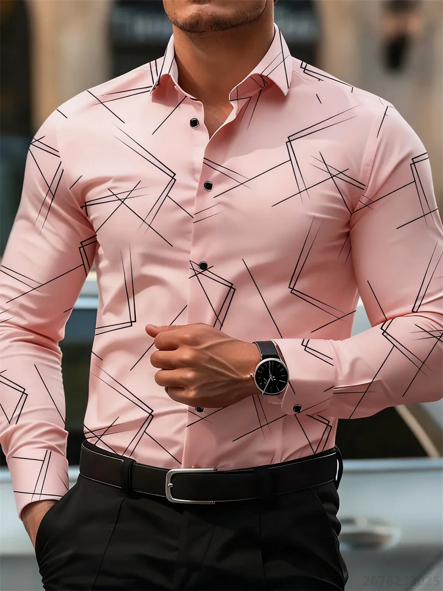 Men's Slim Fit Long-Sleeved Geometric Line Print Shirt - Non-Iron