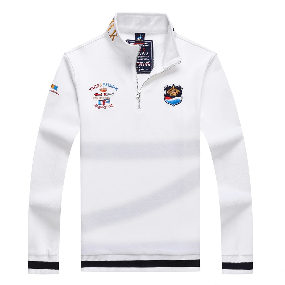 TACE&SHARK Fashion Men‘s Shark Embroidery Long Sleeve Polo Shirt Cotton Casual Wear Business Solid Color Tops