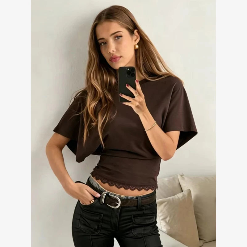 Versatile Regular-shoulder T-shirts Women Casual White Round Neck Irregular Hem Pleated Short Top Summer Lady Street Wear New