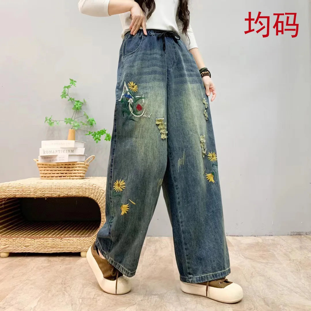 Spring Summer Ethnic Style Vintage Floral Embroidery Denim Wide Leg Pants Women High Elastic Waist Hole Casual Straight Jeans