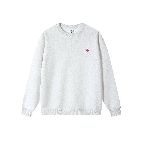 White sweatshirt with a small red logo on a white background