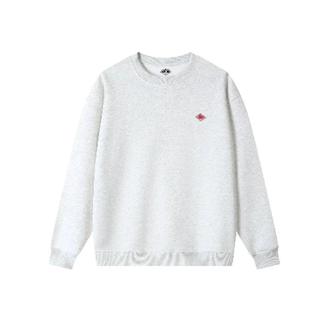 White sweatshirt with a small red logo on a white background