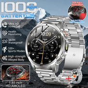 Silver smartwatch with mountainous background and feature highlights