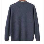 A dark heather gray knit sweater displayed on a wooden hanger against a white background.